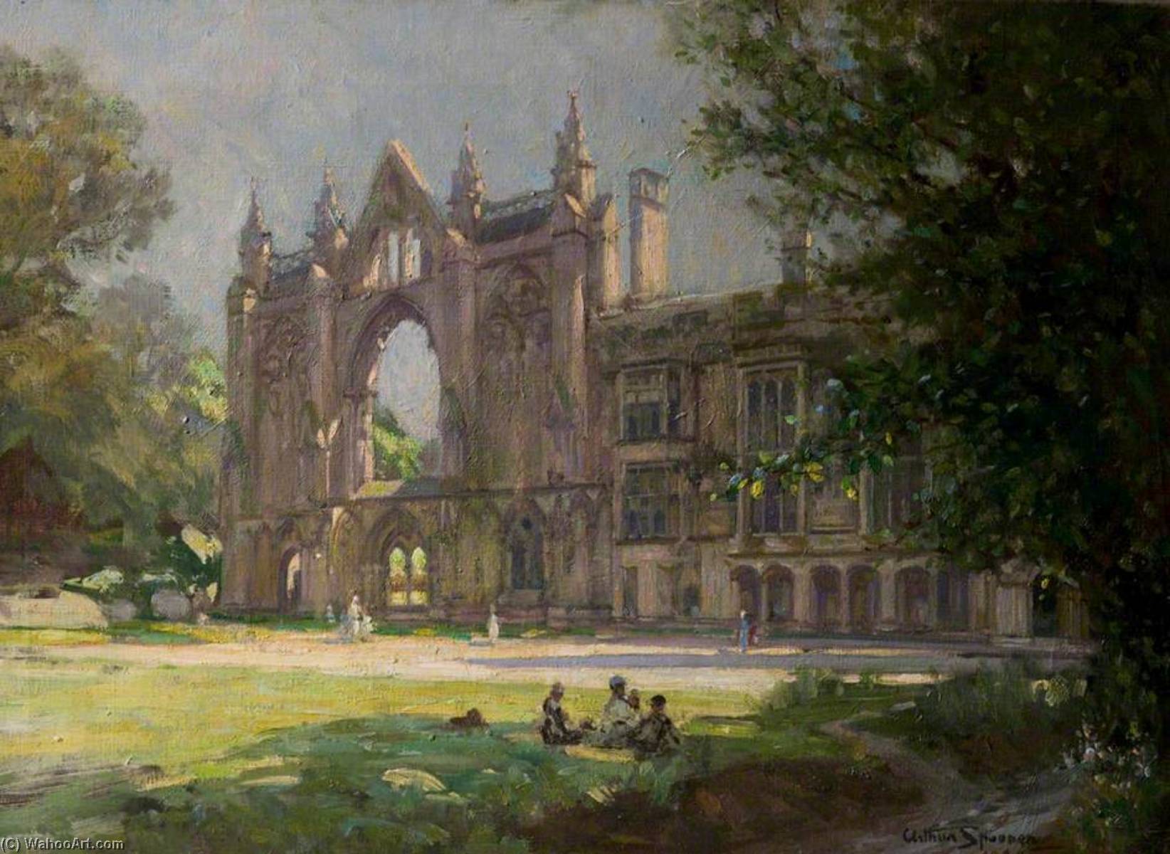 Wikioo.org - The Encyclopedia of Fine Arts - Painting, Artwork by Arthur Spooner - Newstead Abbey, Nottinghamshire, View from the Lawn, with Figures in Sunlight and Shade