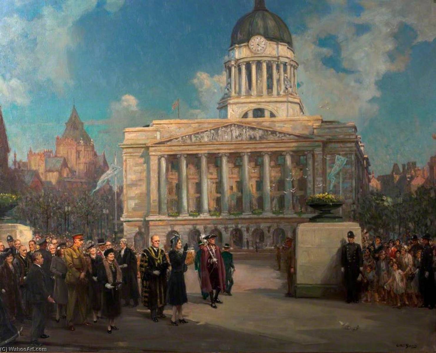 Wikioo.org - The Encyclopedia of Fine Arts - Painting, Artwork by Arthur Spooner - Lord Mayor and Lady Mayoress Receiving Princess Elizabeth in the Council House Square, 2 April 1946