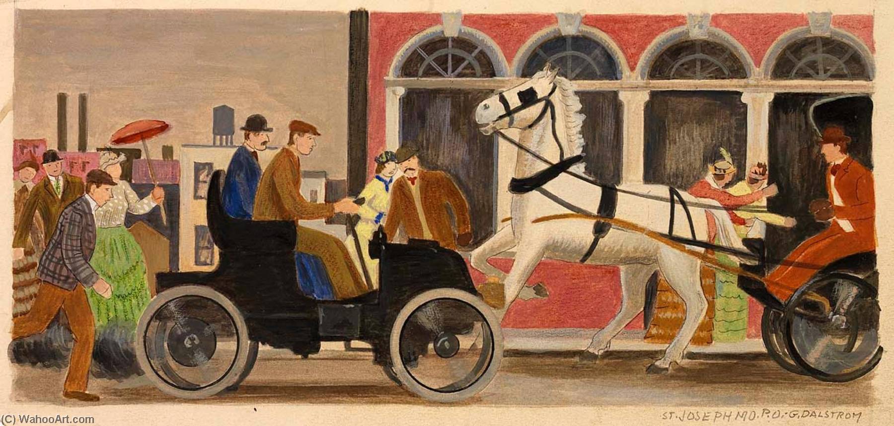 Wikioo.org - The Encyclopedia of Fine Arts - Painting, Artwork by Gustaf Oscar Dalström - Horseless Carriage (mural study, St. Joseph, Missouri Post Office and Courthouse)