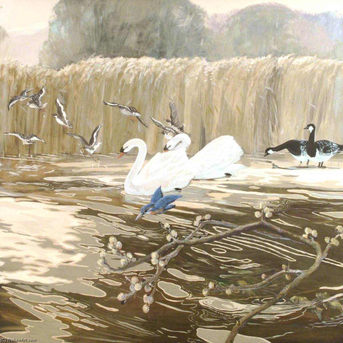 Wikioo.org - The Encyclopedia of Fine Arts - Painting, Artwork by Anne Toms - Swans and Kingfisher (triptych, centre)