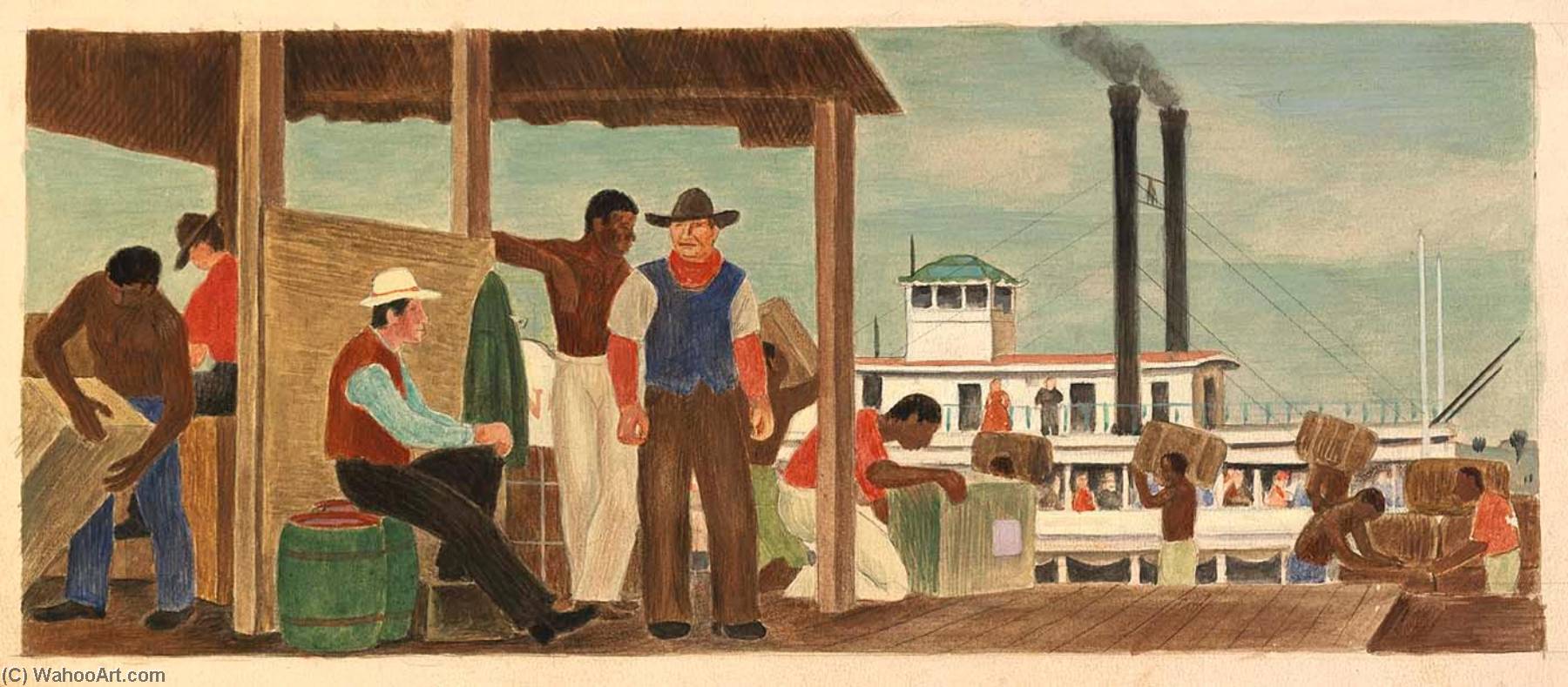 Wikioo.org - The Encyclopedia of Fine Arts - Painting, Artwork by Gustaf Oscar Dalström - River Packet Ship (mural study, St. Joseph, Mo. Post Office and Courthouse)