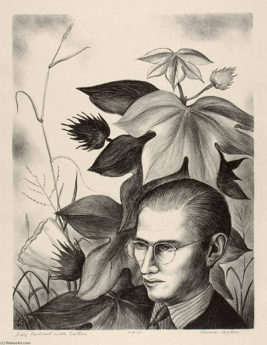 WikiOO.org - Encyclopedia of Fine Arts - Lukisan, Artwork Lamar Baker - Self Portrait with Cotton Plant