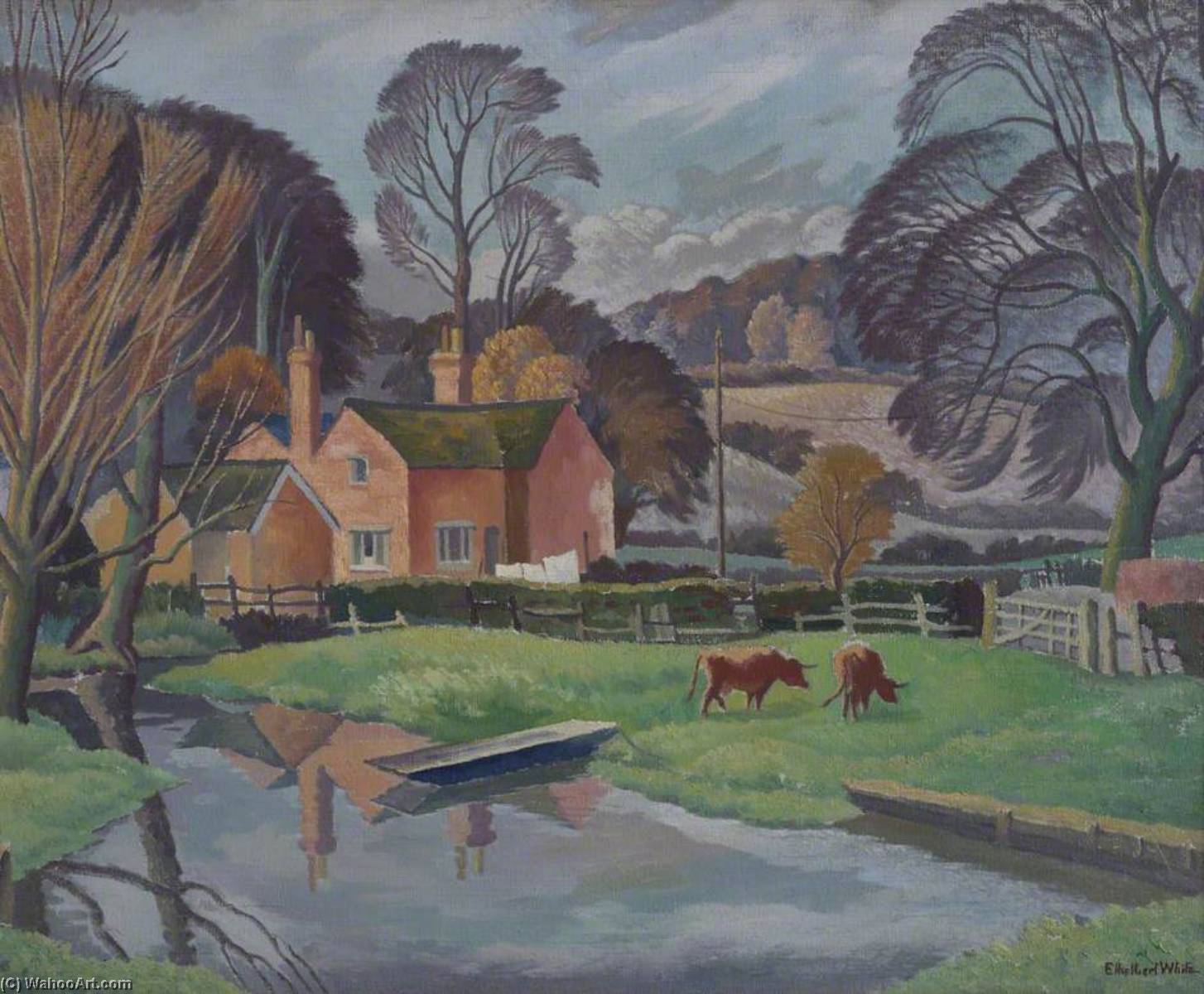 Wikioo.org - The Encyclopedia of Fine Arts - Painting, Artwork by Ethelbert White - Landscape with Cows and a Punt
