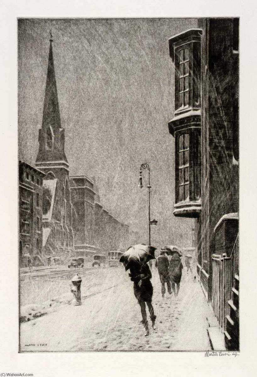 Wikioo.org - The Encyclopedia of Fine Arts - Painting, Artwork by Martin Lewis - Bay Windows (Snowy Day Lexington Avenue)