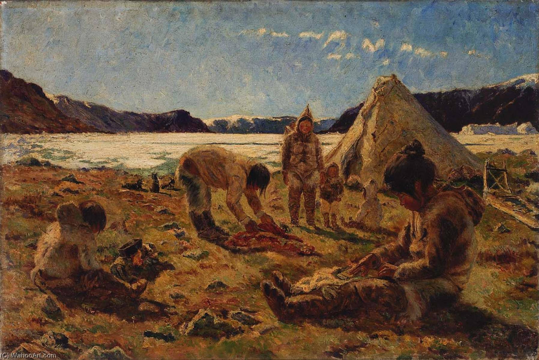 Wikioo.org - The Encyclopedia of Fine Arts - Painting, Artwork by Frank Wilbert Stokes - An Innuit Encampment