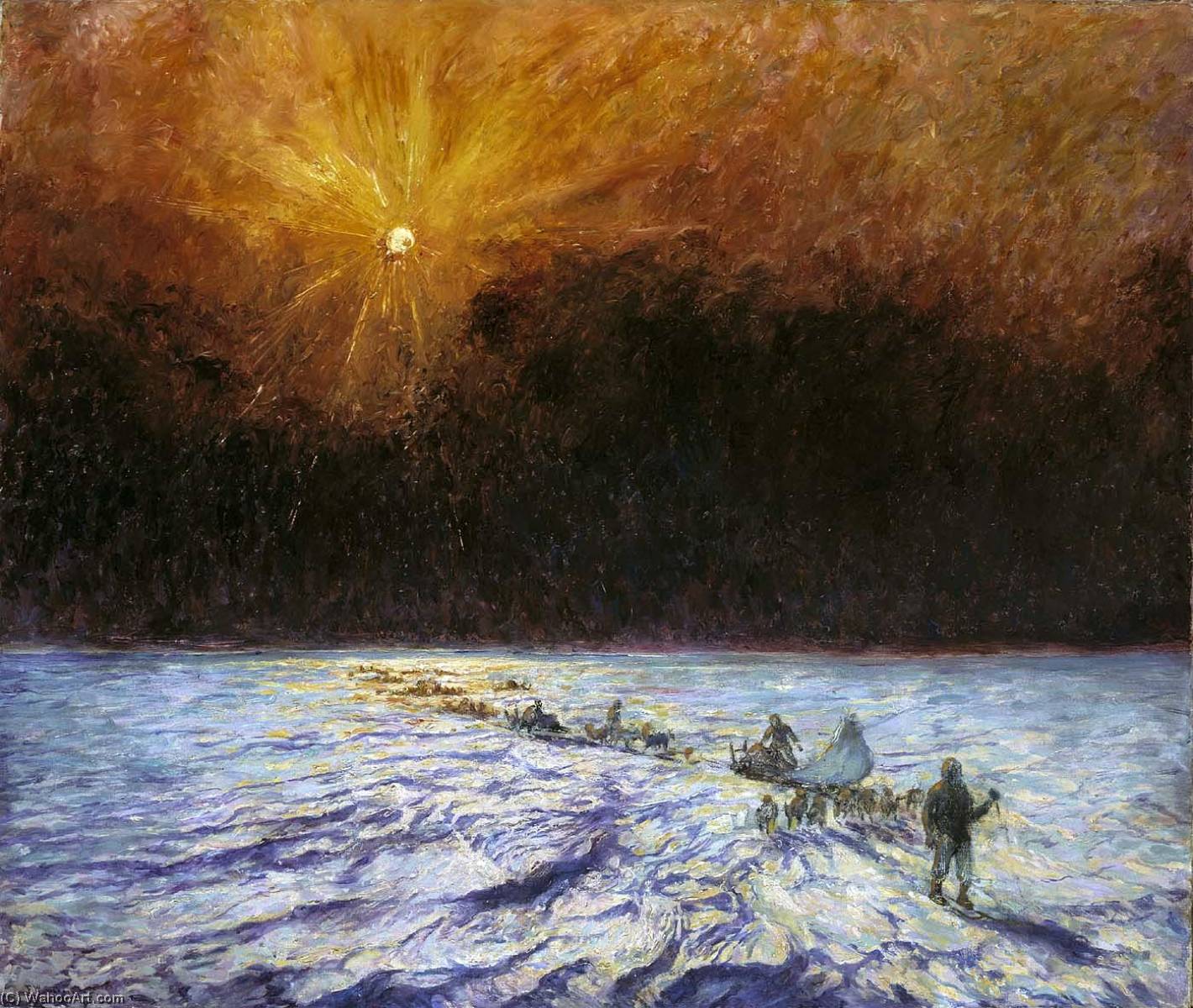 Wikioo.org - The Encyclopedia of Fine Arts - Painting, Artwork by Frank Wilbert Stokes - The Eighth of March Island Ice, Greenland, 1894, Peary and Party near 6 p.m