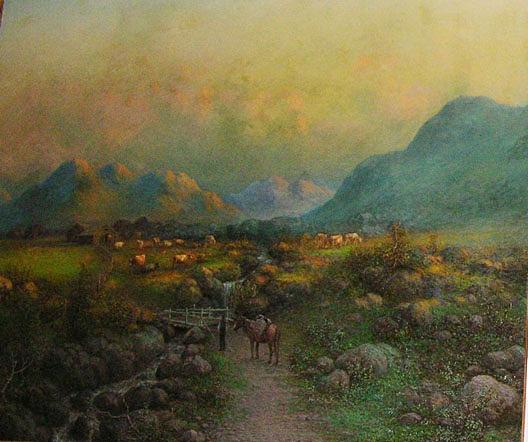 Wikioo.org - The Encyclopedia of Fine Arts - Painting, Artwork by John Olson Hammerstad - Western Pioneer Ranch Scene with Cattle and Log Cabins, (painting)