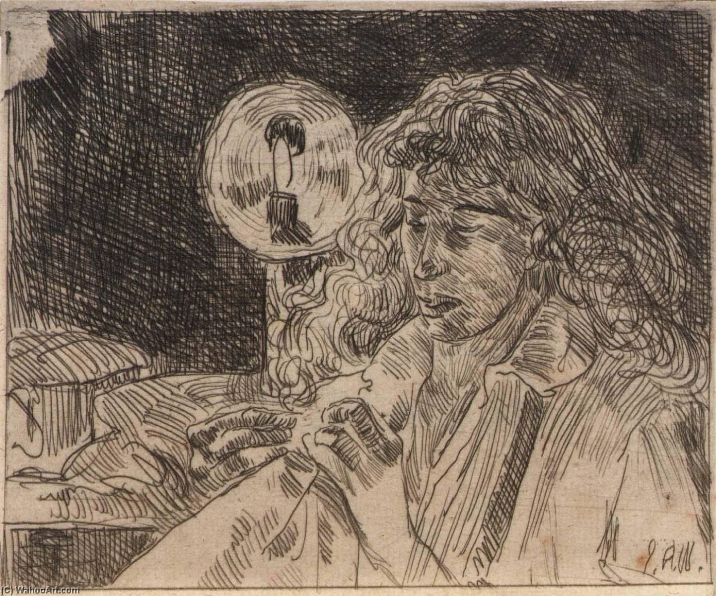 WikiOO.org - Encyclopedia of Fine Arts - Lukisan, Artwork Julian Alden Weir - Sewing by Candlelight