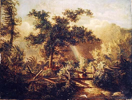 WikiOO.org - Енциклопедия за изящни изкуства - Живопис, Произведения на изкуството Mary E Powell - (Landscape with Rail Fence and Rainbow), (painting)