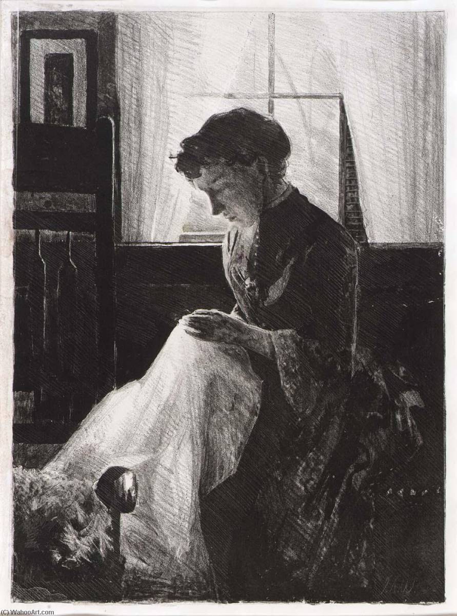 WikiOO.org - Encyclopedia of Fine Arts - Lukisan, Artwork Julian Alden Weir - Profile Portrait of a Woman Sewing