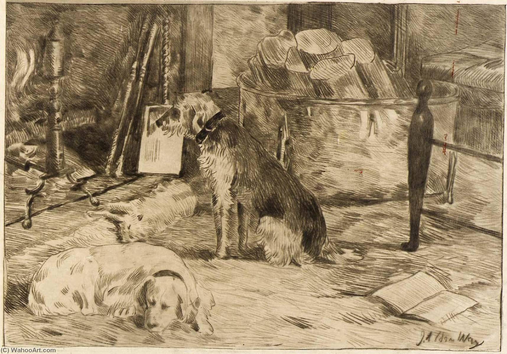 Wikioo.org - The Encyclopedia of Fine Arts - Painting, Artwork by Julian Alden Weir - Dogs on the Hearth no. 1
