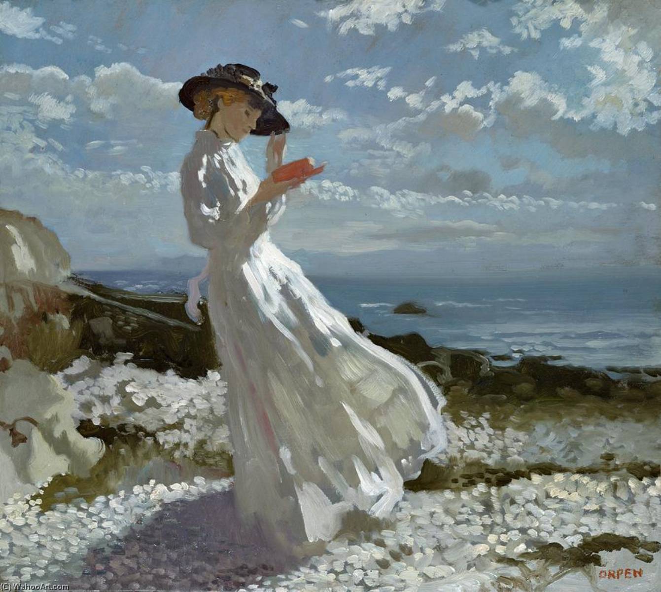 Wikioo.org - The Encyclopedia of Fine Arts - Painting, Artwork by William Newenham Montague Orpen - Grace reading at Howth Bay