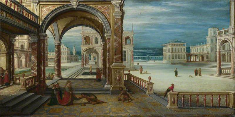 Wikioo.org - The Encyclopedia of Fine Arts - Painting, Artwork by Hendrick Van Steenwijck The Younger - A Man kneels before a Woman in the Courtyard of a Renaissance Palace