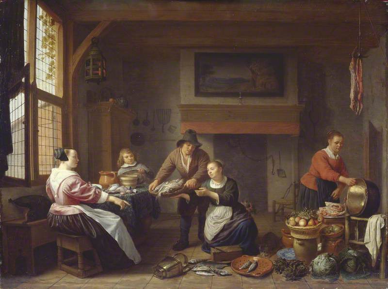 Wikioo.org - The Encyclopedia of Fine Arts - Painting, Artwork by Hendrik Martensz Sorgh - Kitchen Interior with a Man Bringing Fish for Sale