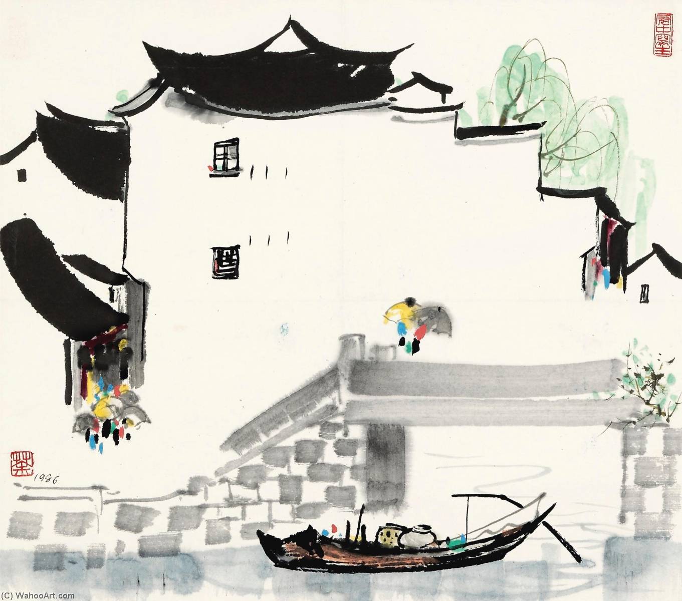WikiOO.org – 美術百科全書 - 繪畫，作品 Wu Guanzhong - 细雨 在  的  河  镇