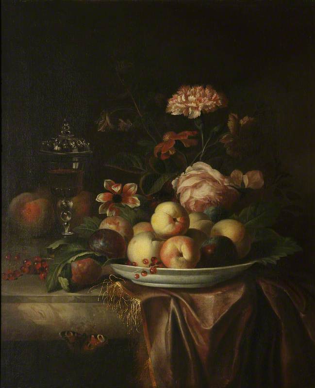 Wikioo.org - The Encyclopedia of Fine Arts - Painting, Artwork by Jakob Bogdany - A Dish of Peaches and Plums on a Marble Table with Flowers and a Glass Chalice