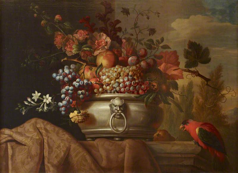 Wikioo.org - The Encyclopedia of Fine Arts - Painting, Artwork by Jakob Bogdany - Fruit in a Pewter Bowl with a Parrot