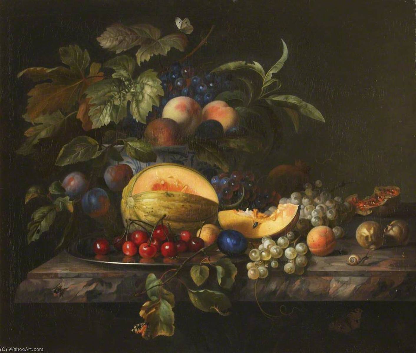 Wikioo.org - The Encyclopedia of Fine Arts - Painting, Artwork by Jakob Bogdany - A Melon, Cherries, Grapes, and Other Fruit