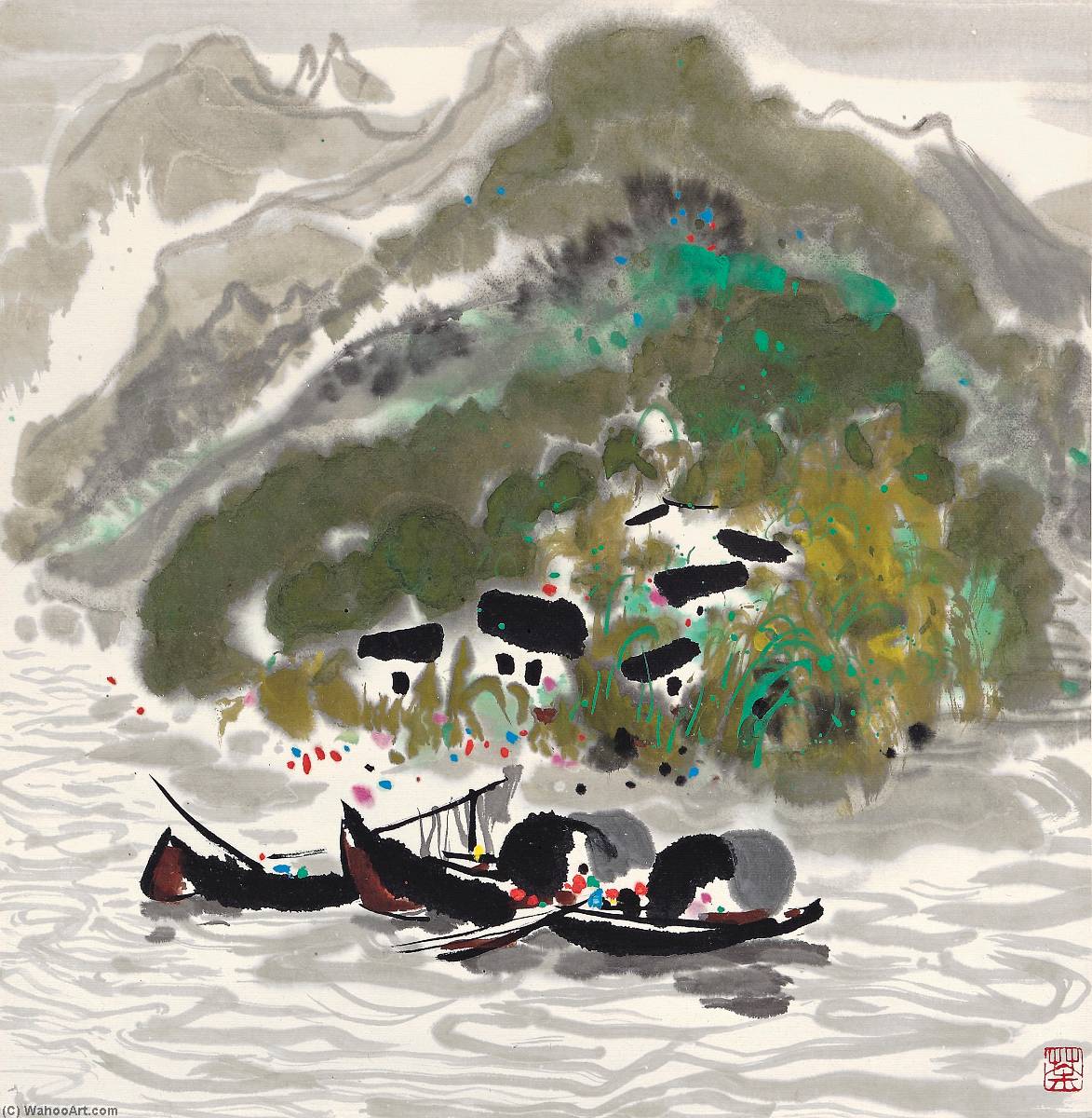 WikiOO.org - Encyclopedia of Fine Arts - Lukisan, Artwork Wu Guanzhong - A FAMILY BY THE GORGE