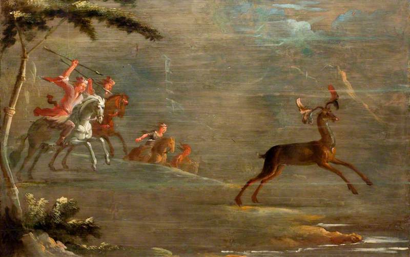 Wikioo.org - The Encyclopedia of Fine Arts - Painting, Artwork by Robert Robinson - A Band of Tartar Horsemen Hunting an Elk