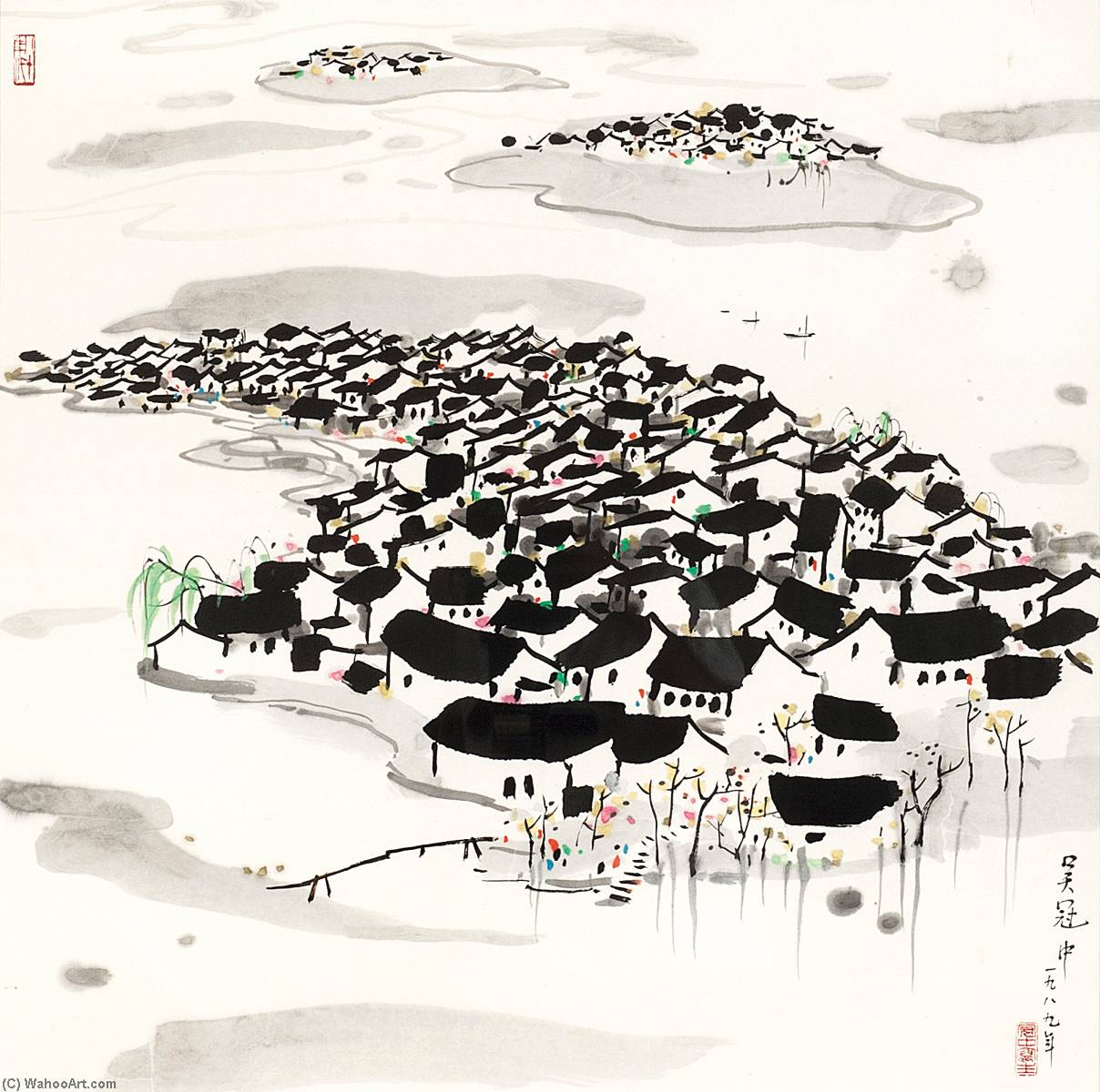 Wikoo.org - موسوعة الفنون الجميلة - اللوحة، العمل الفني Wu Guanzhong - RIVER TOWN
