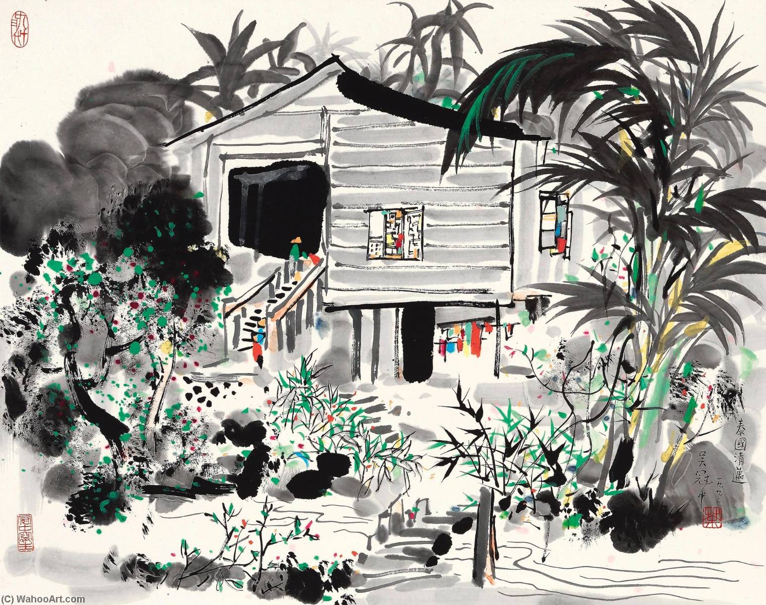 Wikoo.org - موسوعة الفنون الجميلة - اللوحة، العمل الفني Wu Guanzhong - FARMSTEADS IN CHIANG MAI OF THAILAND