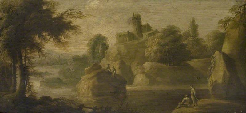 Wikioo.org - The Encyclopedia of Fine Arts - Painting, Artwork by James Norie - Landscape with Castle, River and Figures