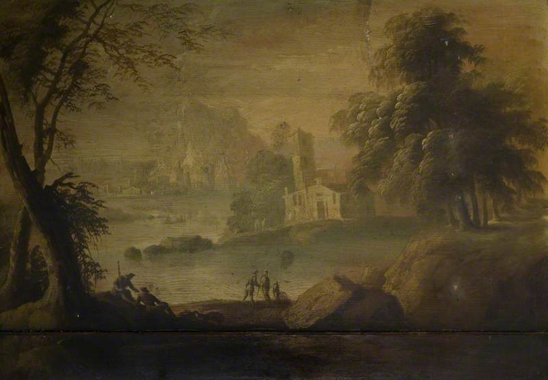 Wikioo.org - The Encyclopedia of Fine Arts - Painting, Artwork by James Norie - River Landscape with Buildings and Figures