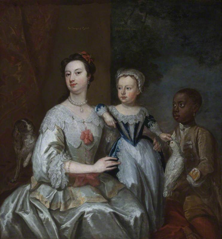 Wikoo.org - موسوعة الفنون الجميلة - اللوحة، العمل الفني John Giles Eccardt - Lady Grace Carteret (1713–1755), Countess of Dysart with a Child (Lady Frances Tollemache , 1738–1807), and a Black Servant, Cockatoo and Spaniel