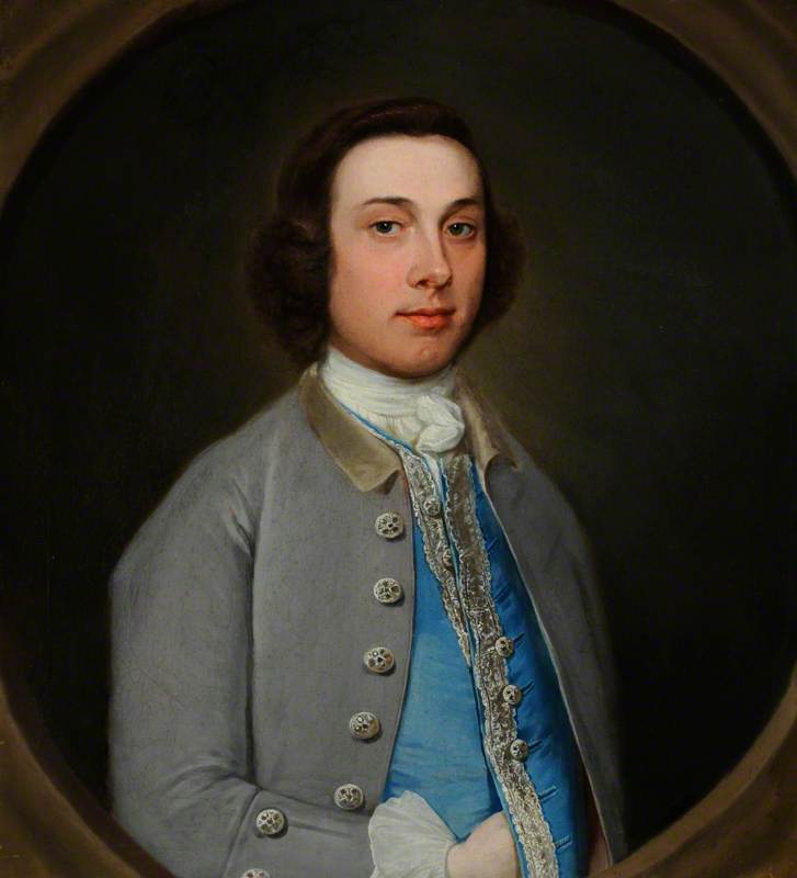 Wikioo.org - The Encyclopedia of Fine Arts - Painting, Artwork by Henry Pickering - Portrait of an Unknown Young Gentleman in a Grey Coat and Light Blue Waistcoat