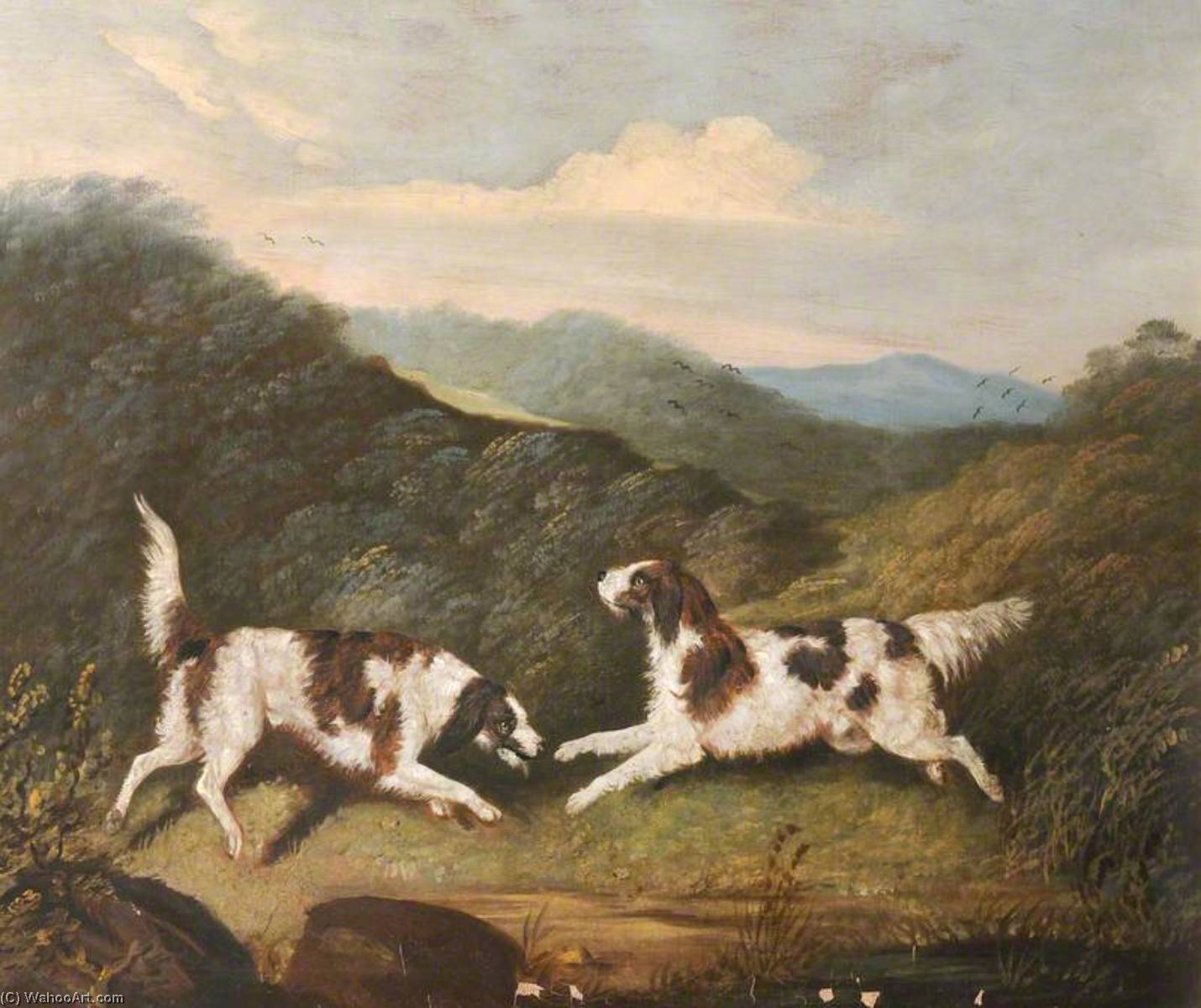 Wikioo.org - The Encyclopedia of Fine Arts - Painting, Artwork by Clifton Tomson - Two Springer Spaniels in a Landscape