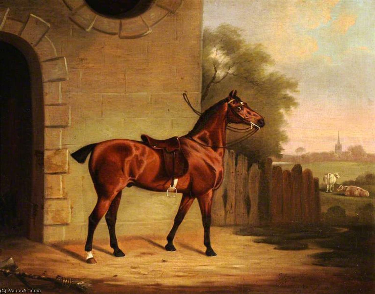 Wikioo.org - The Encyclopedia of Fine Arts - Painting, Artwork by Clifton Tomson - A Saddled Bay Hunter outside a Stable Entrance