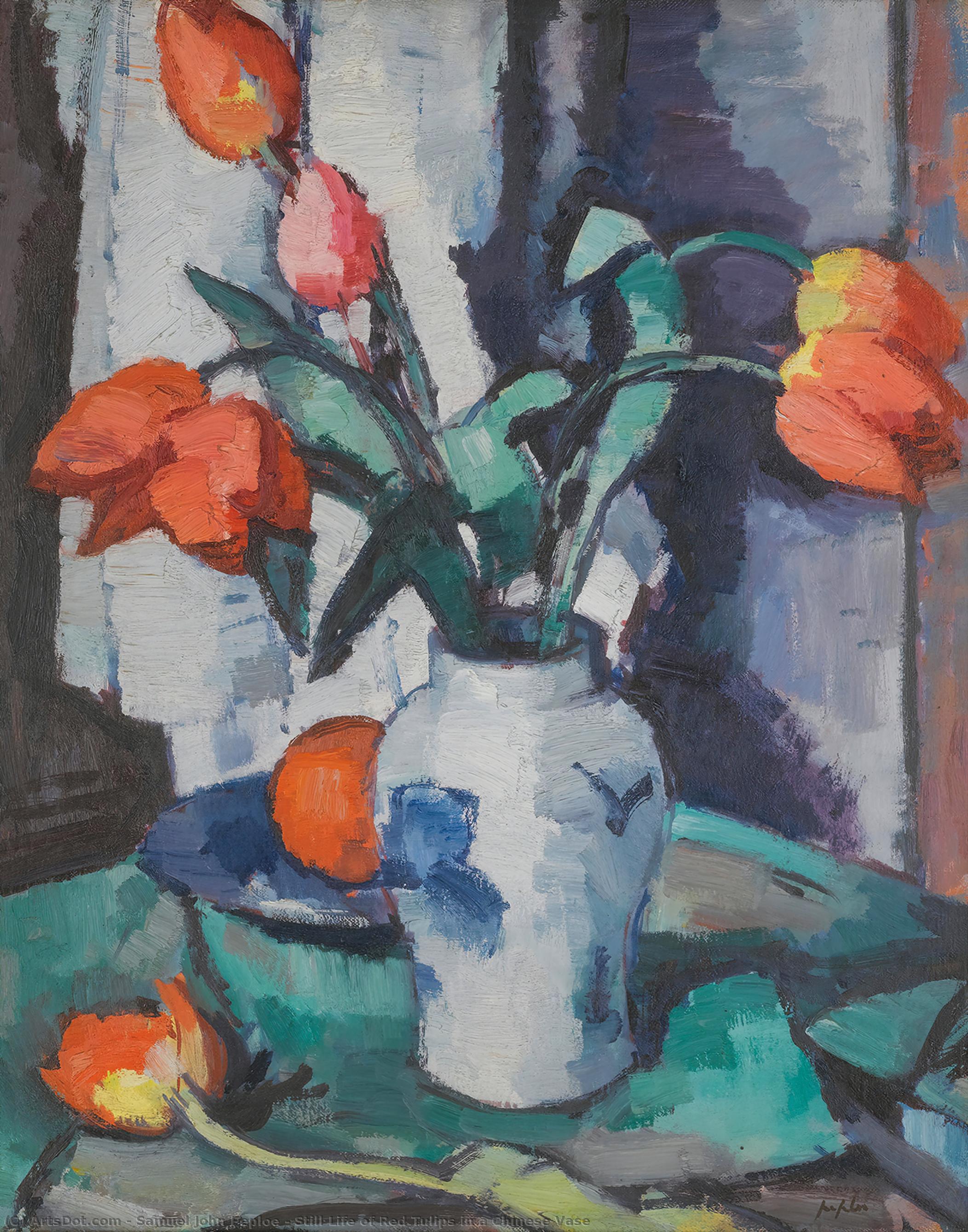 Wikioo.org - The Encyclopedia of Fine Arts - Painting, Artwork by Samuel John Peploe - Still Life of Red Tulips in a Chinese Vase