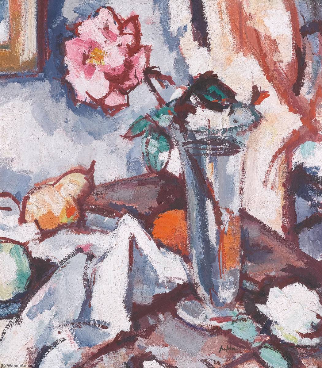 Wikioo.org – L'Encyclopédie des Beaux Arts - Peinture, Oeuvre de Samuel John Peploe - rose de couleur rose dans  Verre  pot  avec  fruits