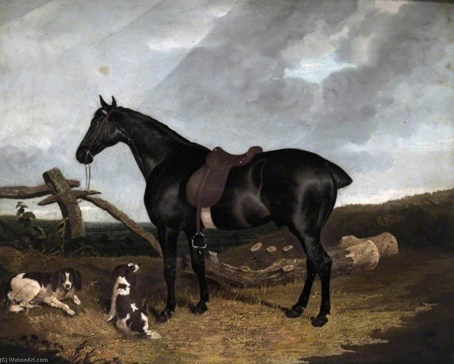Wikioo.org - The Encyclopedia of Fine Arts - Painting, Artwork by John Dalby - A Black Hunter Tethered to a Post with Two Spaniels