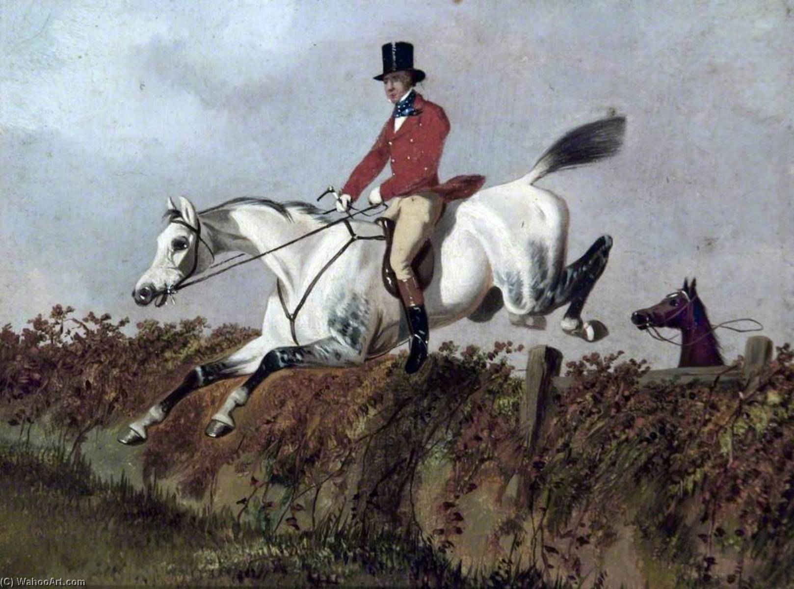 Wikioo.org - The Encyclopedia of Fine Arts - Painting, Artwork by John Dalby - Gentleman on a Grey Horse Taking a Fence