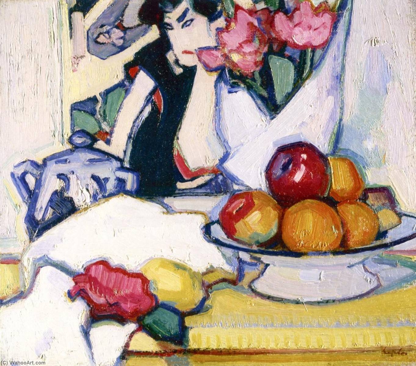 Wikioo.org - The Encyclopedia of Fine Arts - Painting, Artwork by Samuel John Peploe - Flowers and Fruit (also known as Flowers and Fruit on a Japanese Background)