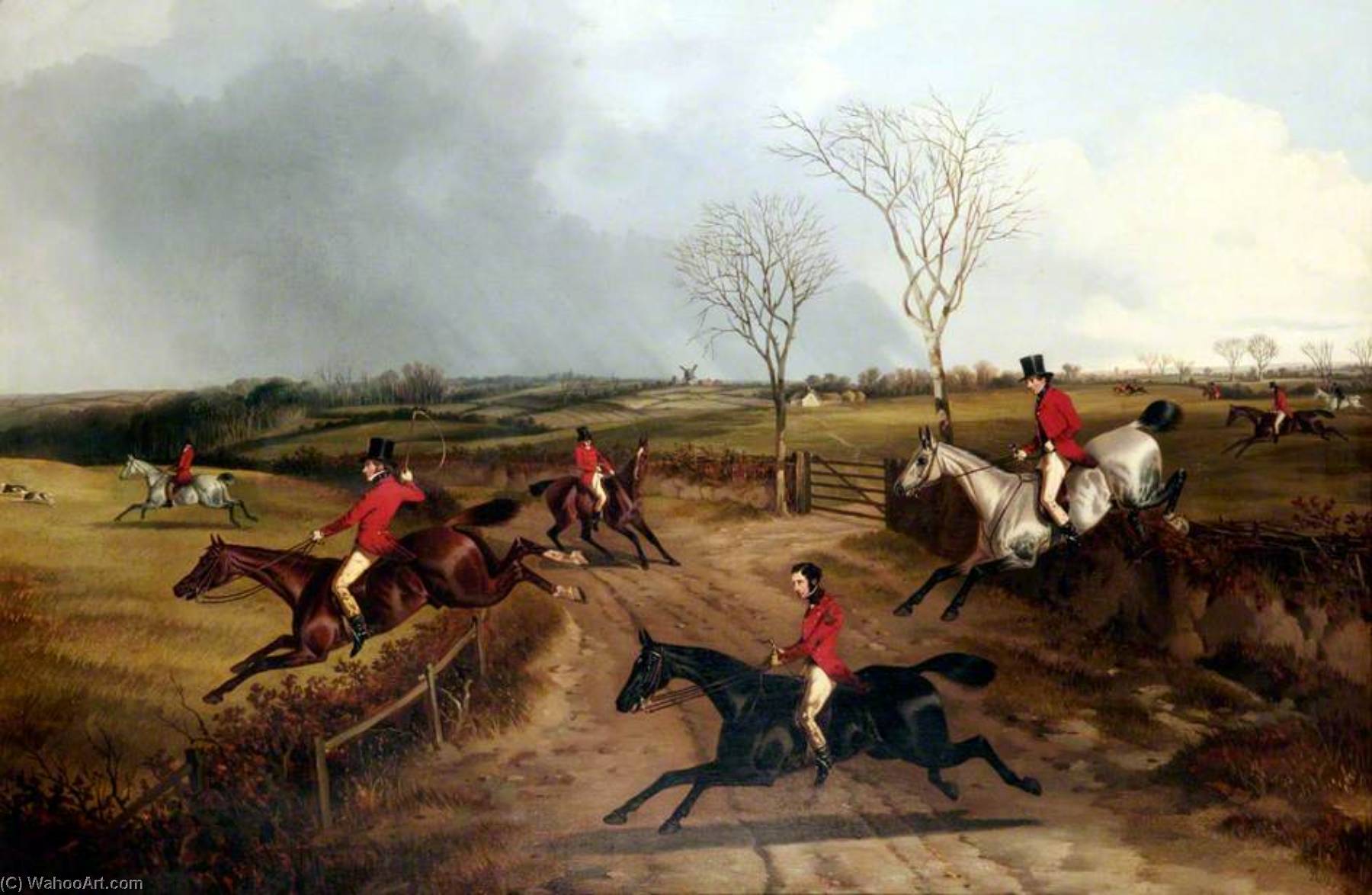 Wikioo.org - The Encyclopedia of Fine Arts - Painting, Artwork by John Dalby - The Lane Members of a Hunt Jumping the Fences by a Lane