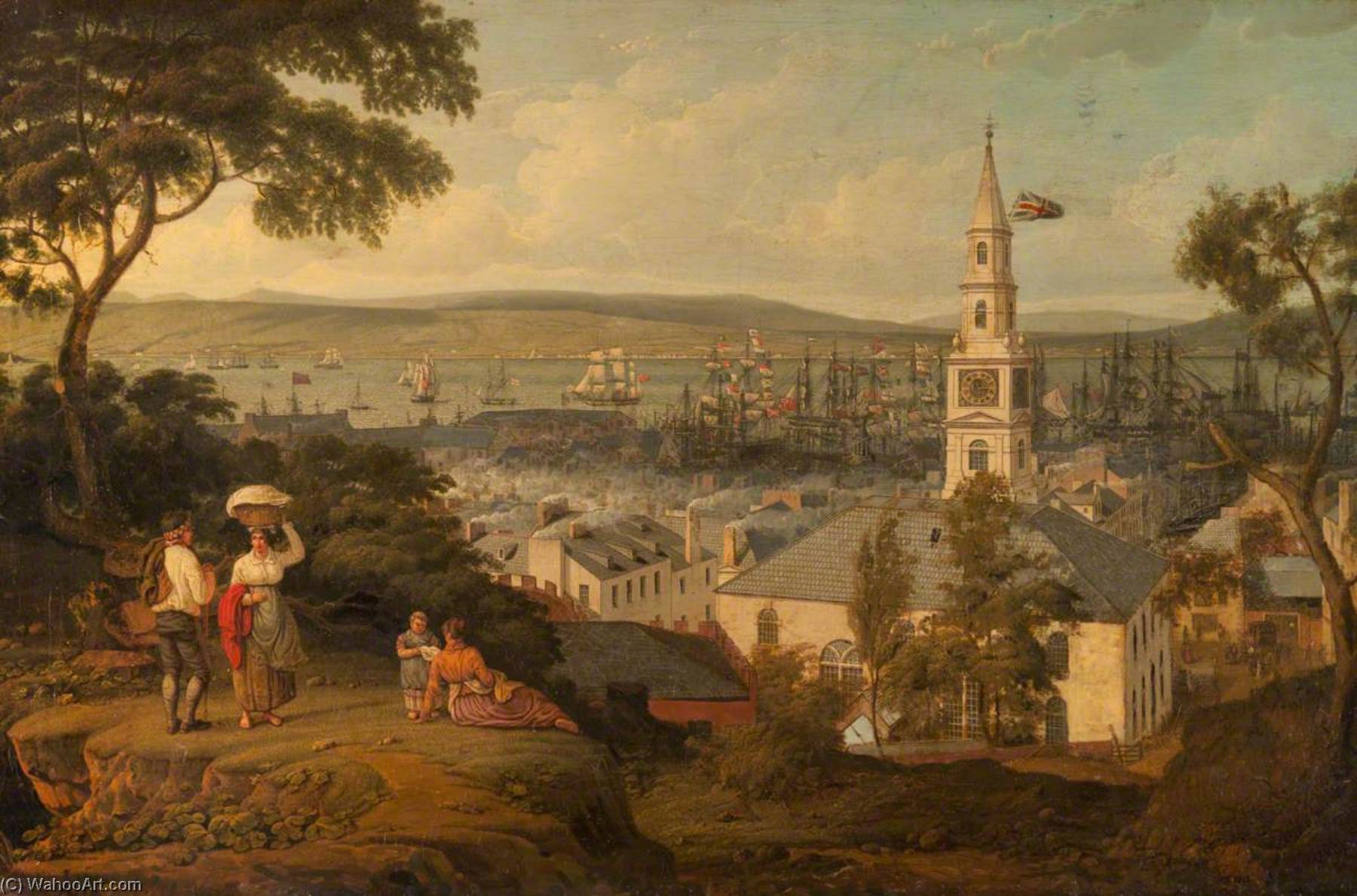 Wikioo.org - The Encyclopedia of Fine Arts - Painting, Artwork by Robert Salmon - View of the Middle Church and Harbour, Greenock