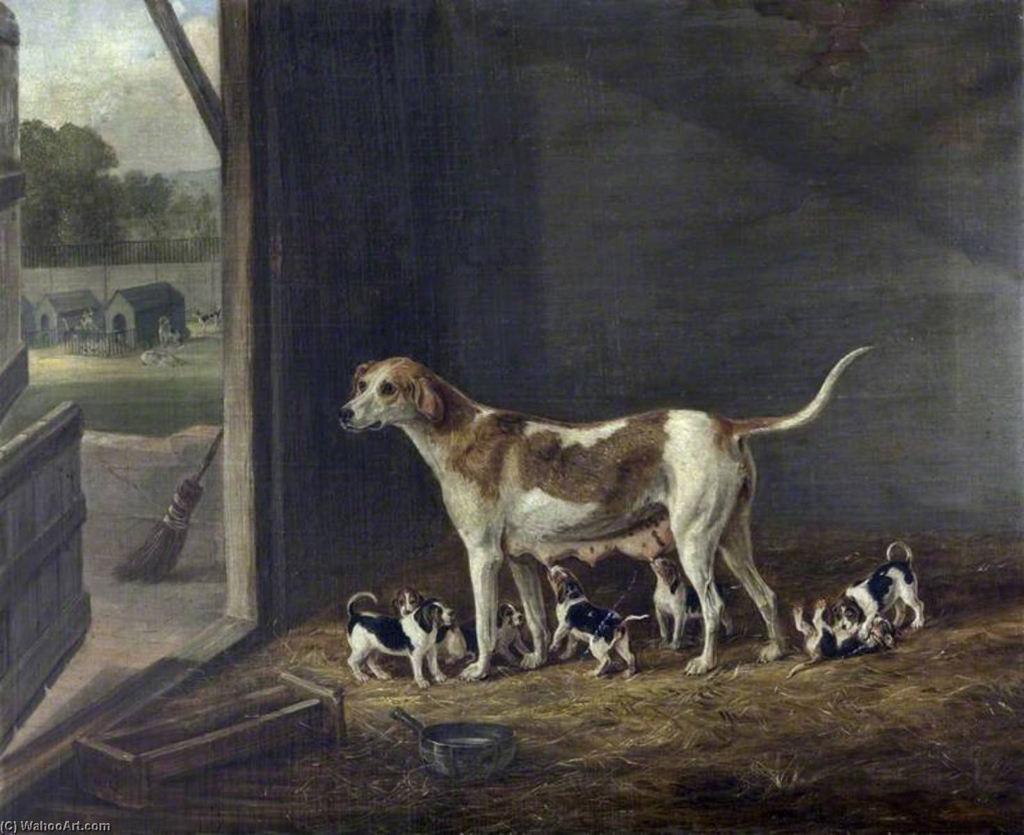 Wikioo.org - The Encyclopedia of Fine Arts - Painting, Artwork by William Webb - A Foxhound Bitch with Her Litter in a Kennel
