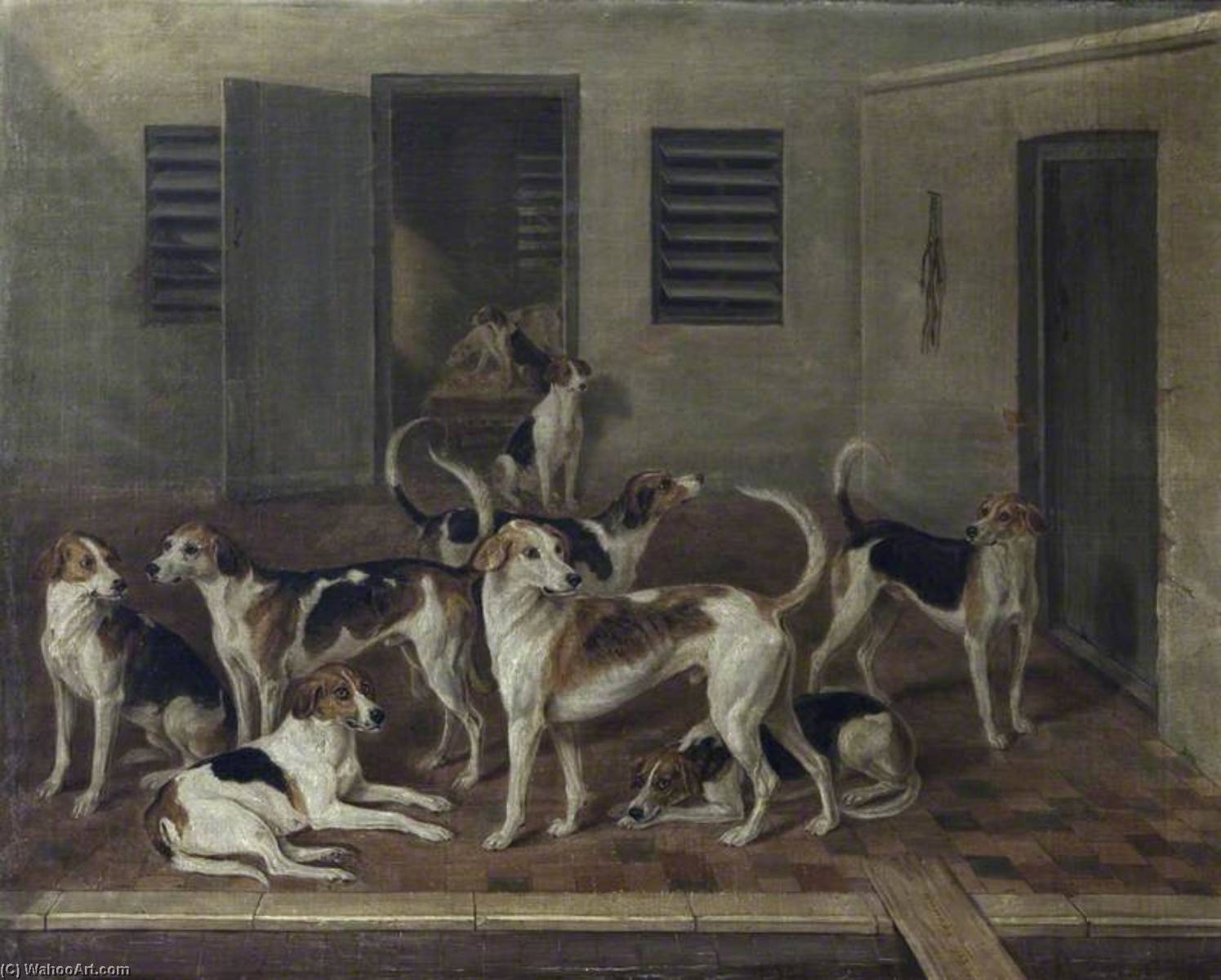 Wikioo.org - The Encyclopedia of Fine Arts - Painting, Artwork by William Webb - Foxhounds in Kennels