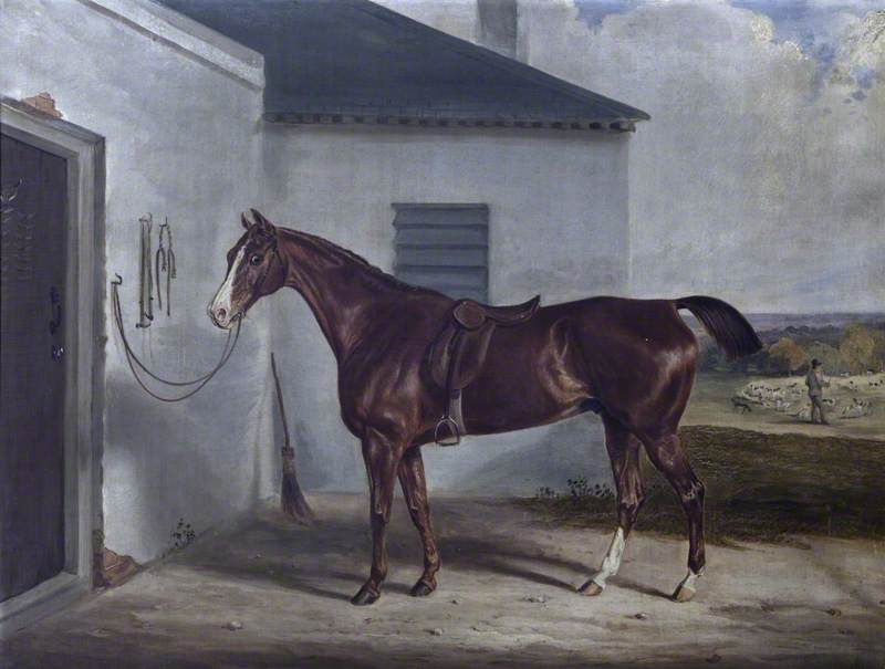 Wikioo.org - The Encyclopedia of Fine Arts - Painting, Artwork by William Webb - A Chestnut Hunter Saddled, Outside a Stable