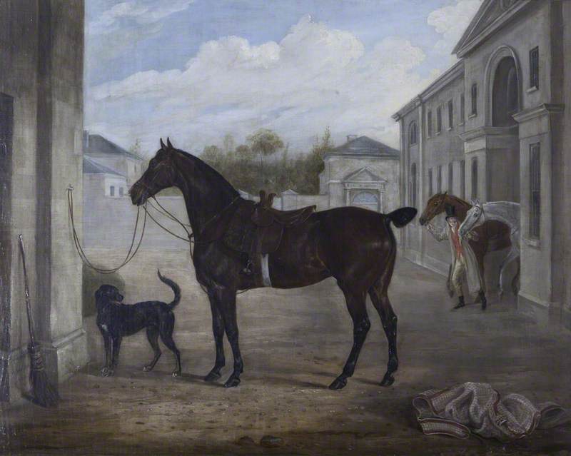 Wikioo.org - The Encyclopedia of Fine Arts - Painting, Artwork by William Webb - A Hunter and a Retriever outside Shugborough Stables