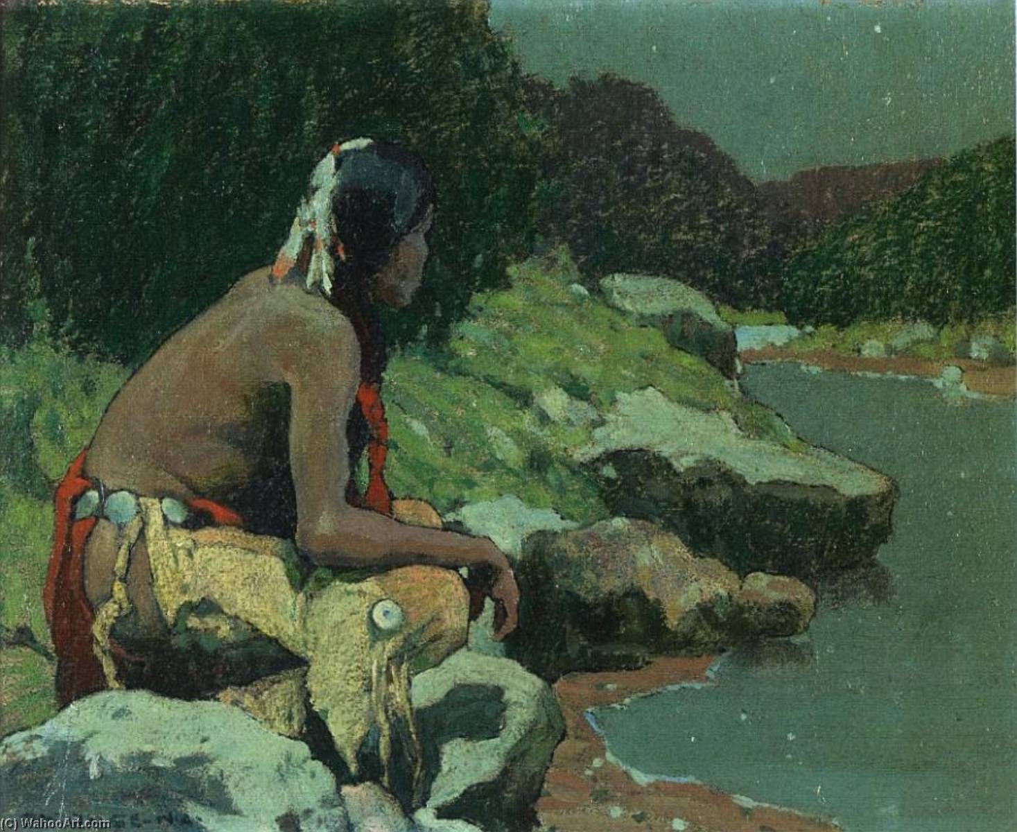 Wikioo.org - The Encyclopedia of Fine Arts - Painting, Artwork by Eanger Irving Couse - Moonlight on the Hondo