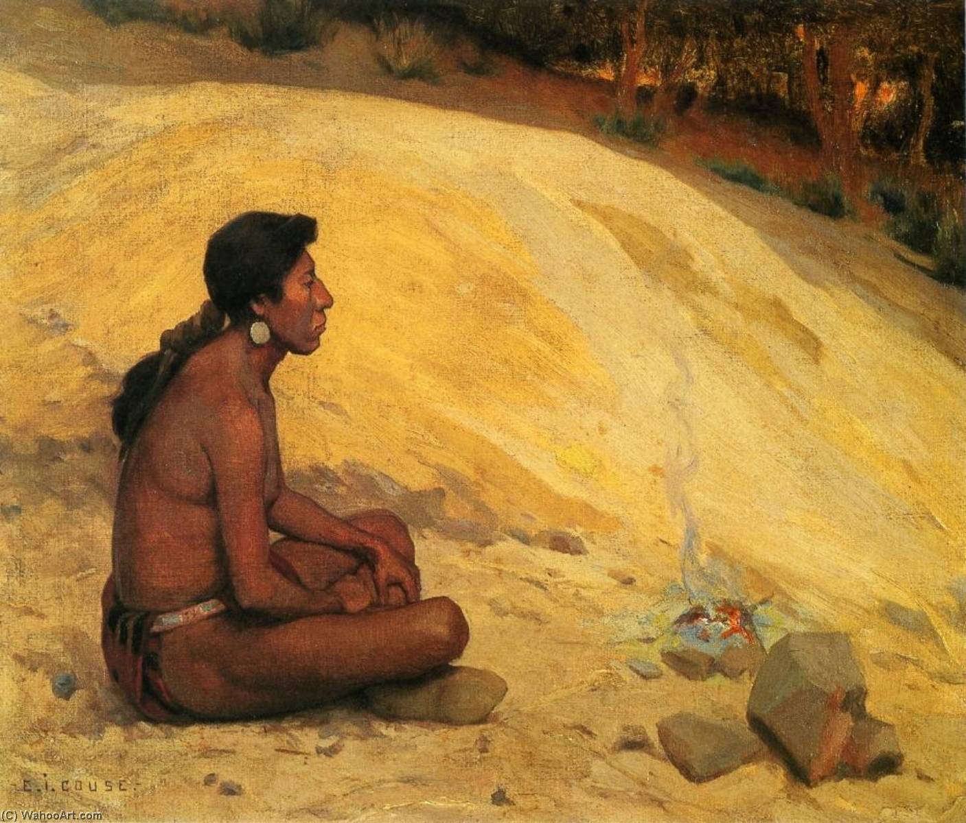 Wikioo.org – La Enciclopedia de las Bellas Artes - Pintura, Obras de arte de Eanger Irving Couse - indio sentada  apropósito  Un  Fogata