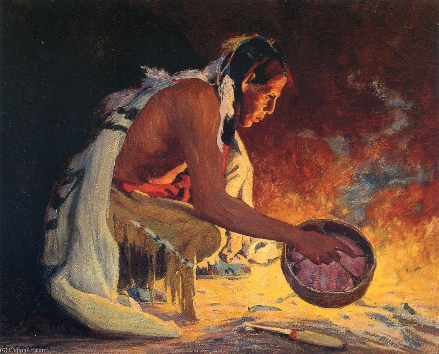 Wikioo.org - The Encyclopedia of Fine Arts - Painting, Artwork by Eanger Irving Couse - Indian by Firelight