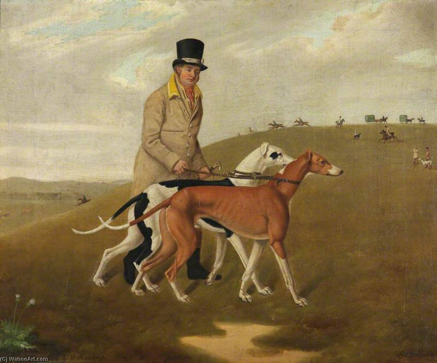 Wikioo.org – L'Encyclopédie des Beaux Arts - Peinture, Oeuvre de Edmund Ward Gill - Une Chasseur et deux Lévriers , Appelé ‘Dorset’ et ‘Dewdrop’