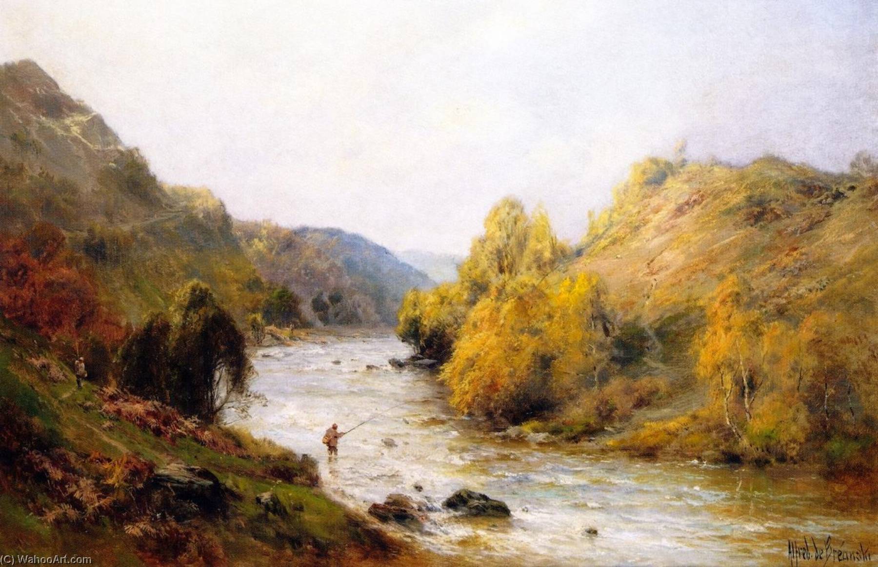 Wikioo.org - The Encyclopedia of Fine Arts - Painting, Artwork by Alfred De Breanski Senior - The Golden Valley, Fishing on the Dee