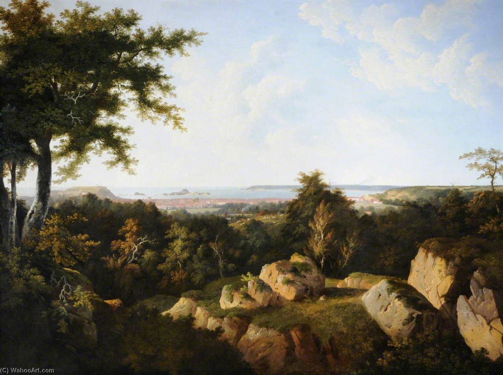Wikioo.org - The Encyclopedia of Fine Arts - Painting, Artwork by John Tobias Young - View of St Helier, St Aubin's Bay and Elizabeth Castle from Westmount