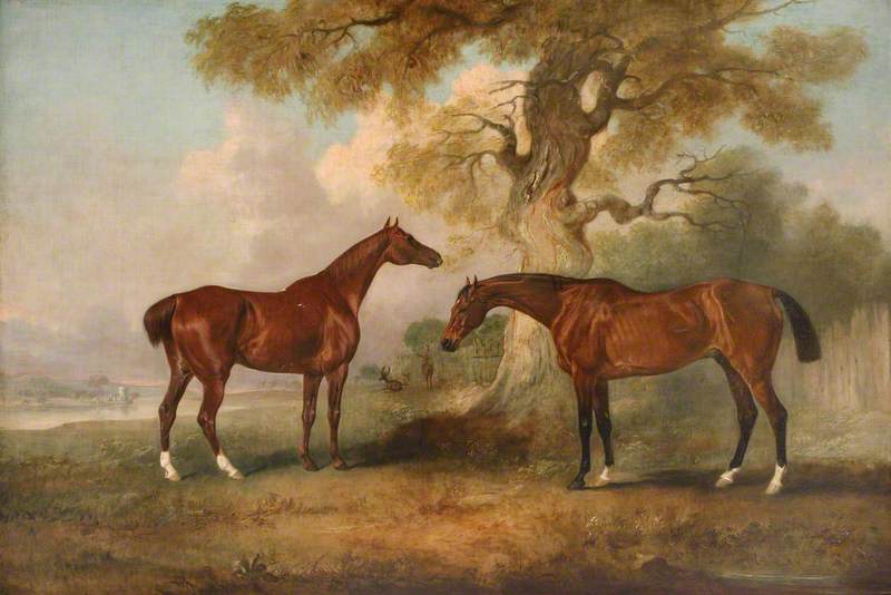Wikioo.org - The Encyclopedia of Fine Arts - Painting, Artwork by John Ferneley Ii - Chestnut Racehorses Called 'Rufus' and 'Leporello'